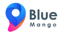 blue mango logo with blue, pink, and orange image